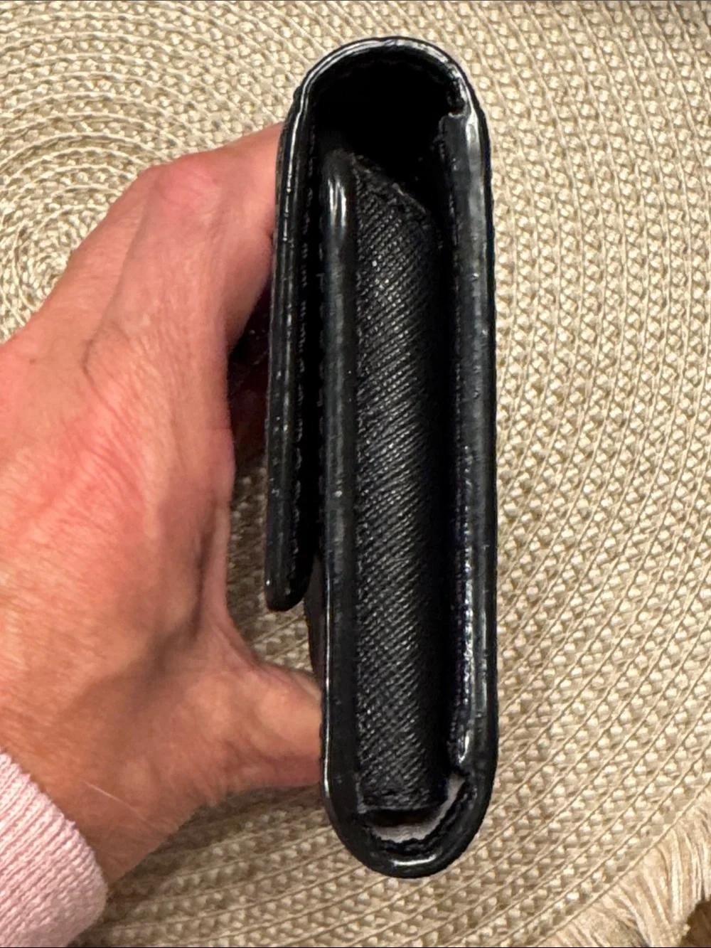 kate spade Black Saffiano Leather Wristlet Clutch with Gold Logo